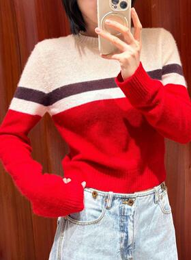 早春圆领条纹套头女上衣毛衣MWEFWKTP0972X羊毛IM26拼色新品长袖