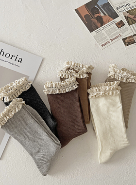东大门爆款灰色袜子女中筒袜ins潮秋冬lolita可爱花边纯棉堆堆袜
