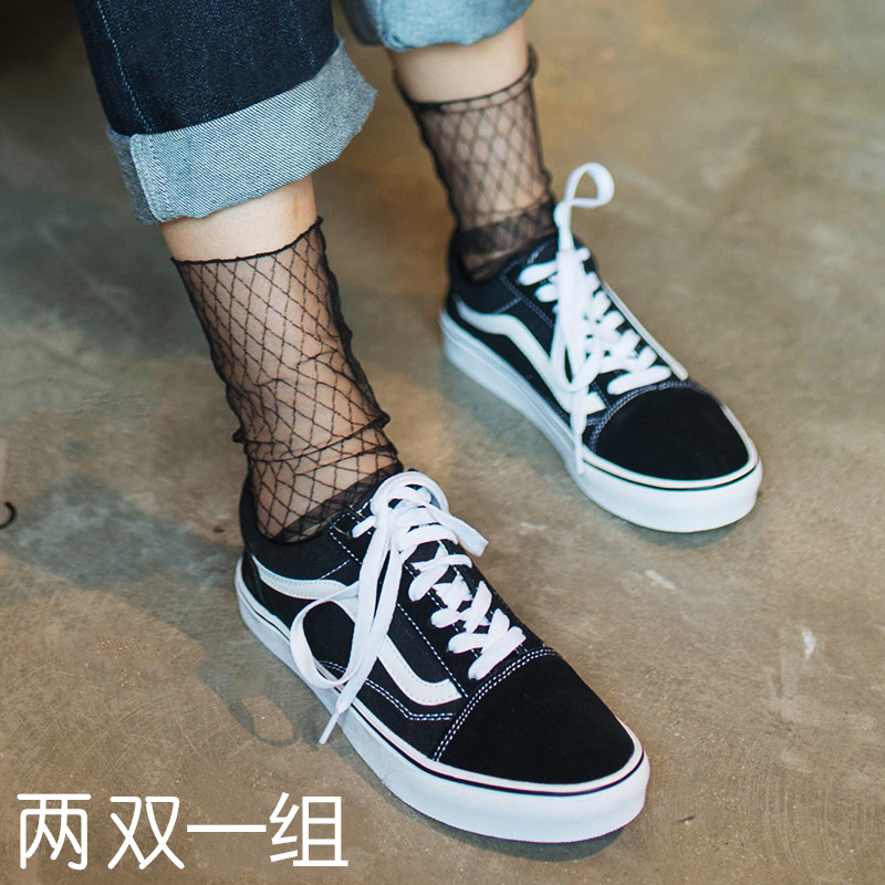 春秋时尚凉鞋袜子镂空渔网袜网纱长袜星星雪花蕾丝堆堆袜子女薄款