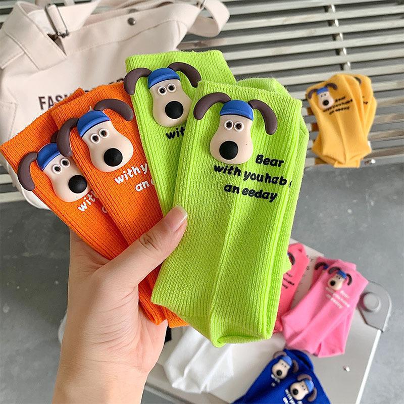 糖果彩色袜子女春夏新款中长筒袜纯棉可爱小狗多巴胺粉色堆堆潮袜