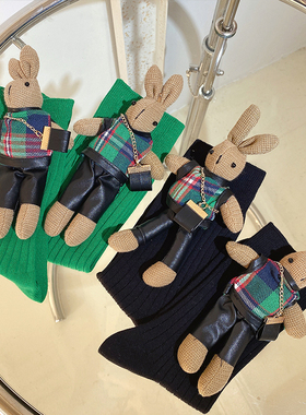 原创显瘦BV绿色兔子玩偶纯棉中筒袜子女ins潮网红同款堆堆短靴袜