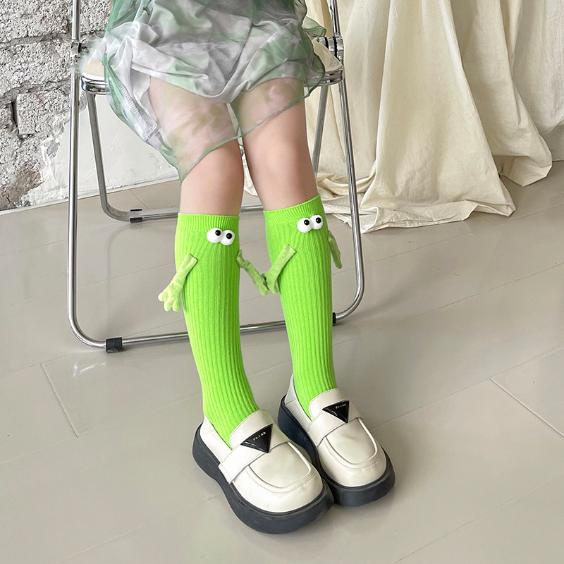 搞怪拉手袜子女春夏绿色多巴胺儿童袜子可爱牵手小腿袜亲子中筒袜