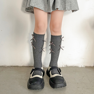 韩国女童中筒袜子夏季纯棉公主袜灰色芭蕾风洋气蝴蝶结小腿堆堆袜