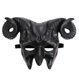 万圣节日式红白黑羊角赤般若面具半脸牛角恶魔头套恐怖鬼首假面男