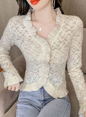 捡漏特价剪镖外贸折扣女装秋季v领荷叶边蕾丝长袖衬衫女收腰上衣