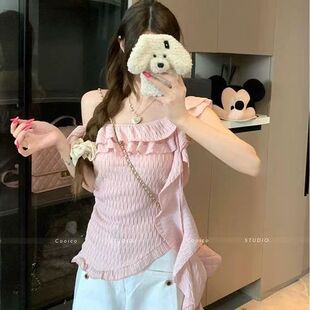 法式高级粉色荷叶边斜肩上衣女2025年夏季新款雪纺小衫设计感小众