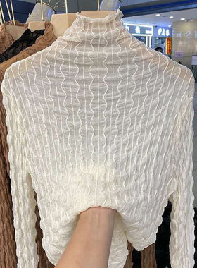 捡漏特价剪镖外贸折扣女装水波纹高领蕾丝长袖T恤女薄打底衫上衣