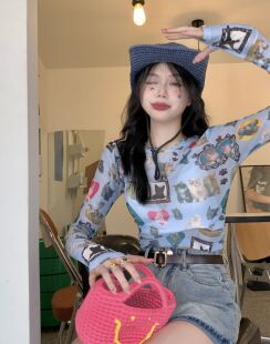 短款 猫咪印花网纱T恤女薄长袖 防晒上衣 剪镖外贸折扣女装 捡漏特价