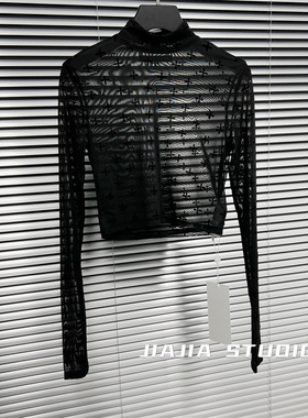 捡漏特价剪镖外贸折扣女装十字网纱长袖T恤女紧身短款透视打底衫