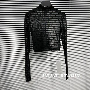 透视打底衫 捡漏特价 T恤女紧身短款 十字网纱长袖 剪镖外贸折扣女装