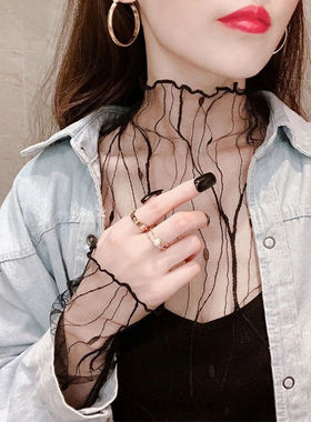 捡漏特价剪镖外贸折扣女装木耳边网纱打底衫女秋内搭高领蕾丝上衣