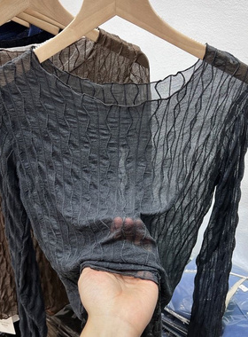 捡漏特价剪镖外贸折扣女装秋季高领网纱木耳边打底衫内搭上衣女