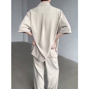 卡其色交叉翻领套头短袖衬衫休闲-HB1569-P75 裤子B289-K8567-P55图片