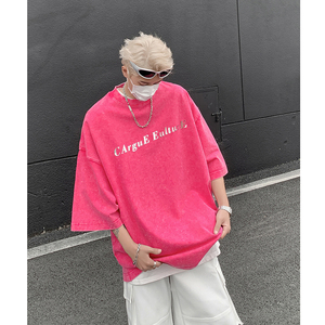 美式复古水洗做旧金属感字母印花宽松短袖T恤男女半袖-H86049-P40图片