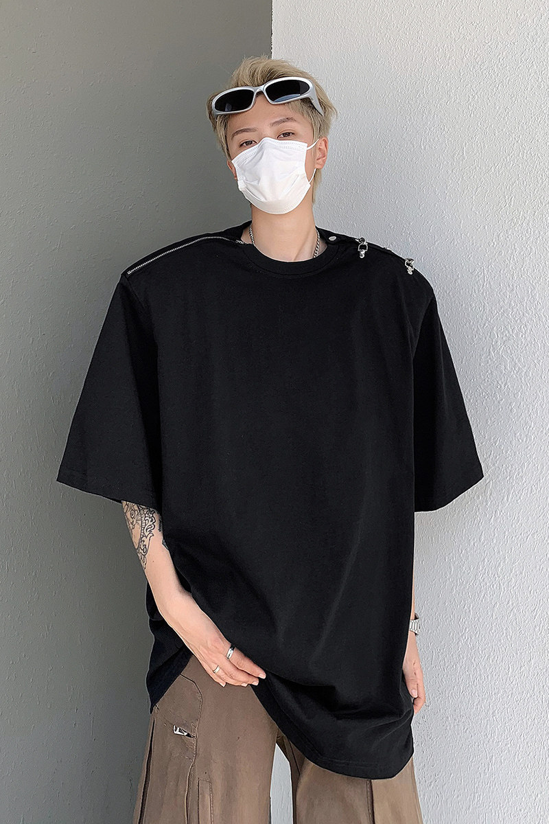 美式金属拉链设计垫肩纯色百搭宽松男女短袖T恤B289-H86030-P58,男装T恤,电商B289