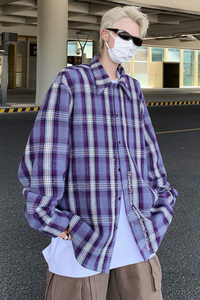 美式慵懒风复古格子长袖宽松垫肩字母刺绣衬衫外套B289-CS715-P68,男装衬衫,电商B289