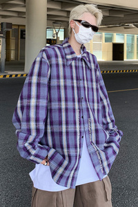 美式慵懒风复古格子长袖宽松垫肩字母刺绣衬衫外套B289-CS715-P68图片