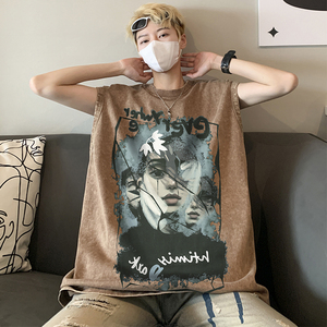 美式做旧水洗背心男大码人物涂鸦印花无袖短袖T恤男B289-BX11-P35图片