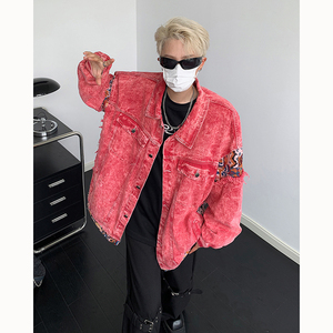 粉色水洗拼接牛仔外套男女情侣棒球服翻领夹克外套B289-NZ146-P98图片