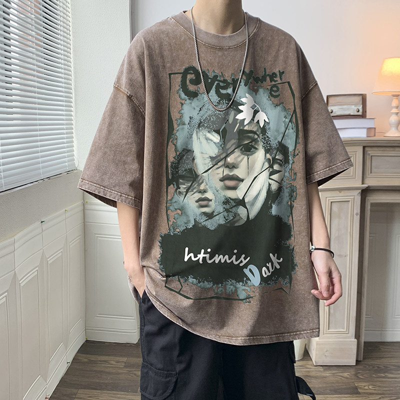 美式夏季潮流做旧水洗卡通印花涂鸦宽松短袖男女T恤-T555-P38,男装T恤,电商B289