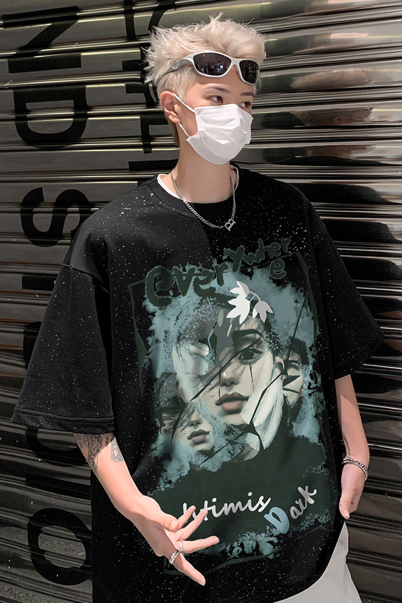 美式夏季重磅满天星卡通印花涂鸦宽松短袖男女T恤B289-H8701-P45,男装T恤,电商B289
