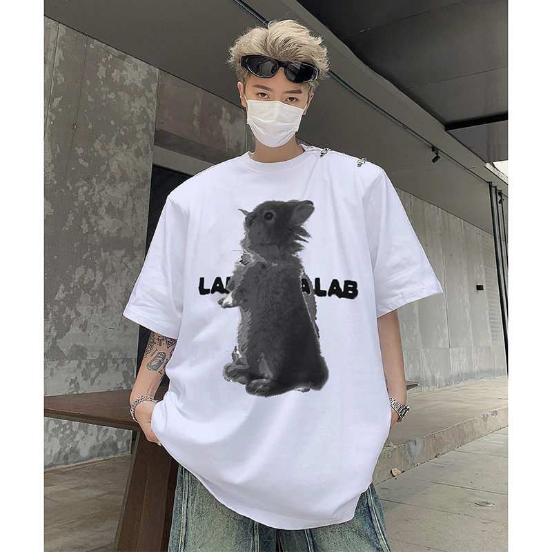 美式垫肩卡通兔子印花短袖T恤拉链设计男女嘻哈半袖-H86088-P68,男装T恤,电商B289