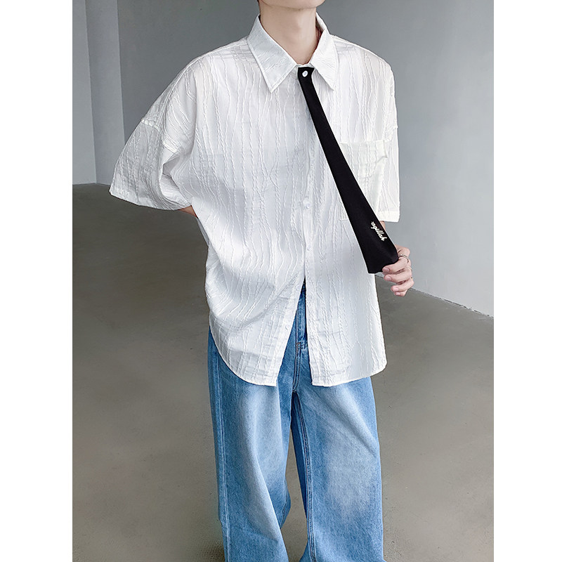 学院风休闲领带短袖衬衫韩版宽松痞帅中袖衬衣B289-CS8687-P68,男装衬衫,电商B289