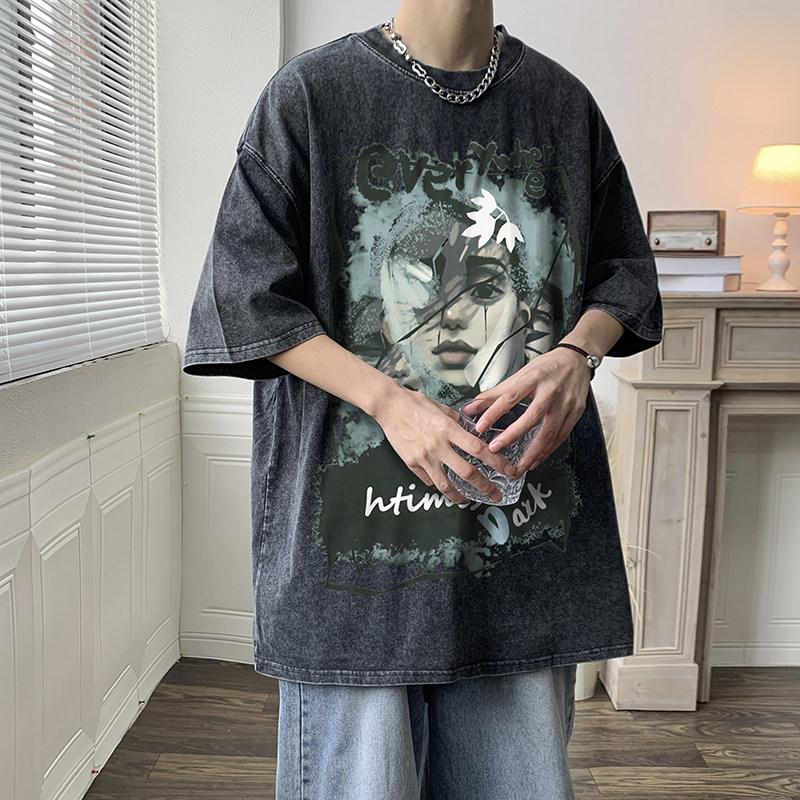 美式嘻哈做旧水洗涂鸦印花宽松短袖T恤男女半袖体恤衫-T555-P38图片