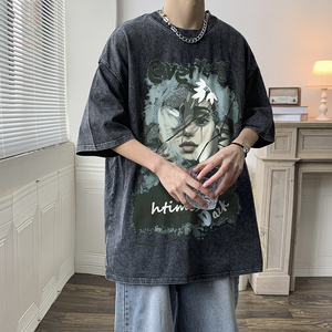 美式嘻哈做旧水洗涂鸦印花宽松短袖T恤男女半袖体恤衫-T555-P38图片