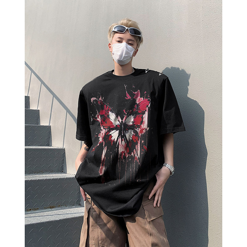 美式金属拉链设计垫肩蝴蝶印花涂鸦宽松短袖T恤男B289-H8700-P68图片