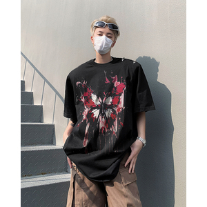 美式金属拉链设计垫肩蝴蝶印花涂鸦宽松短袖T恤男B289-H8700-P68图片