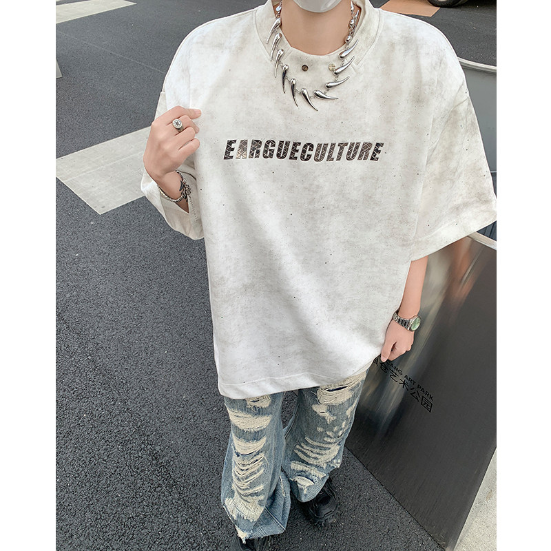 夏季小众水洗做旧满天星垫肩短袖T恤金属印花男女半袖-H86089-P60,男装T恤,电商B289