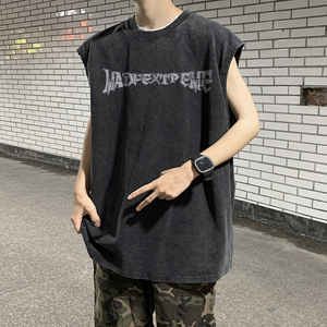美式高街水洗做旧涂鸦宽松无袖T恤情侣印花坎肩背心B289-BX16-P35