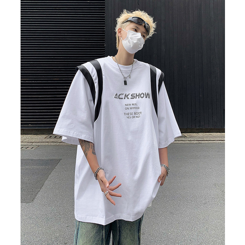 美式未来感垫肩拼接设计高级宽松短袖T恤男女半袖B289-H86052-P68,男装T恤,电商B289
