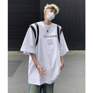 美式未来感垫肩拼接设计高级宽松短袖T恤男女半袖B289-H86052-P68图片