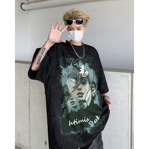 美式复古做旧水洗满天星人物卡通印花宽松落肩短袖T恤-H6622-P48图片