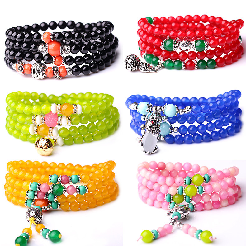 多圈多层天然红玛瑙蓝玉髓108颗佛珠手链民族风藏银饰品女水晶