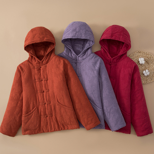 女士纯棉花棉袄新中式冬季夹棉保暖棉衣盘口外穿连帽抗寒棉花棉服