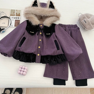 韩版 加绒小香风套装 洋气毛领保暖两件套 新款 女童冬季