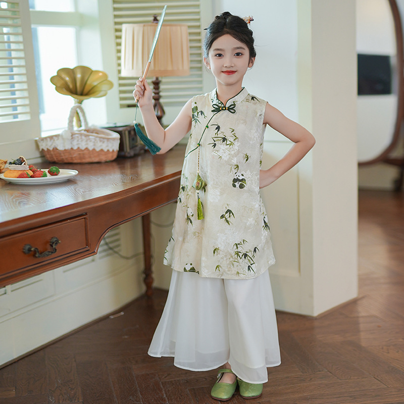 53864女童汉服旗袍上衣套装夏装2025新款儿童国风唐装裤子两件套