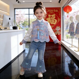 女童国风套装汉服外套喇叭裤冬季春装新中式背心马甲古风唐装女宝