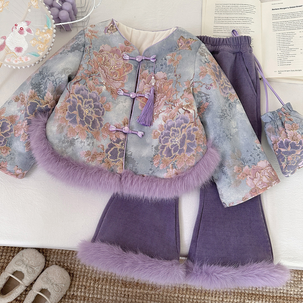 女童国风套装加绒外套微喇叭裤