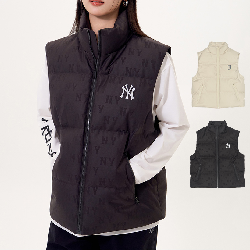 MLB羽绒马甲25秋新款男女NY暗纹老花情侣立领运动背心3ADVM0356