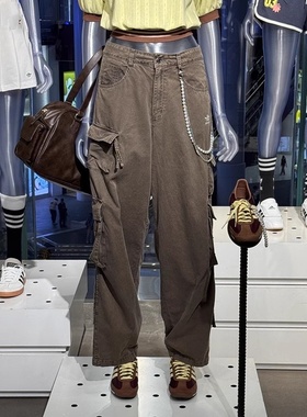 阿迪达斯三叶草女士多口袋牛仔工装宽松阔腿休闲长裤KD4113