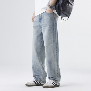 直筒牛仔裤子男春夏款宽松阔腿潮流直筒蓝色休闲青年韩版胖子大码
