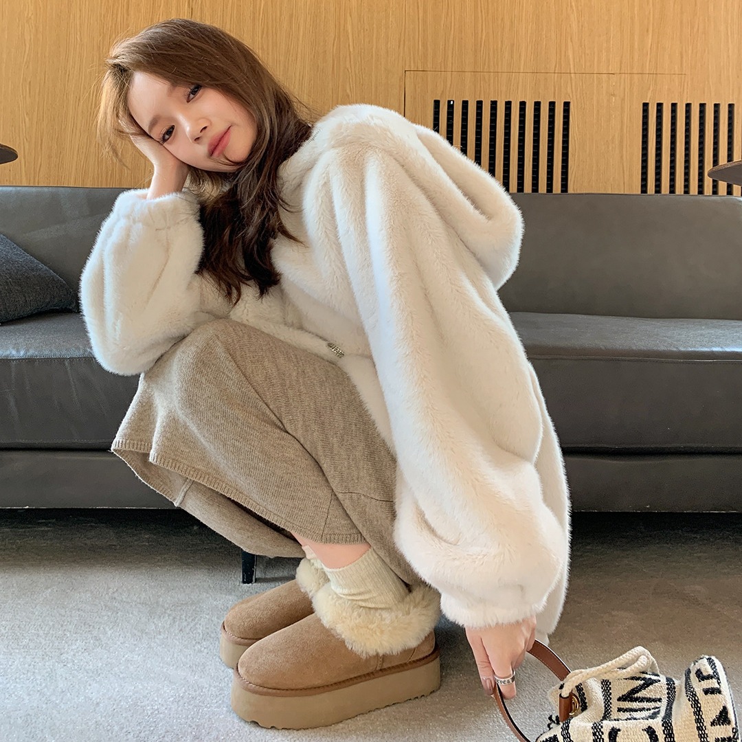 XD1惠东易鑫达真皮加绒羊皮毛一体厚底低帮雪地靴女毛毛靴