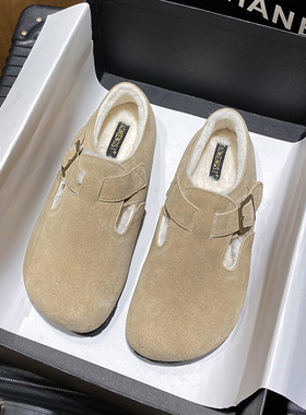 Z311惠东易鑫达真皮厚底一字扣带加绒加厚毛毛鞋保暖勃肯鞋女