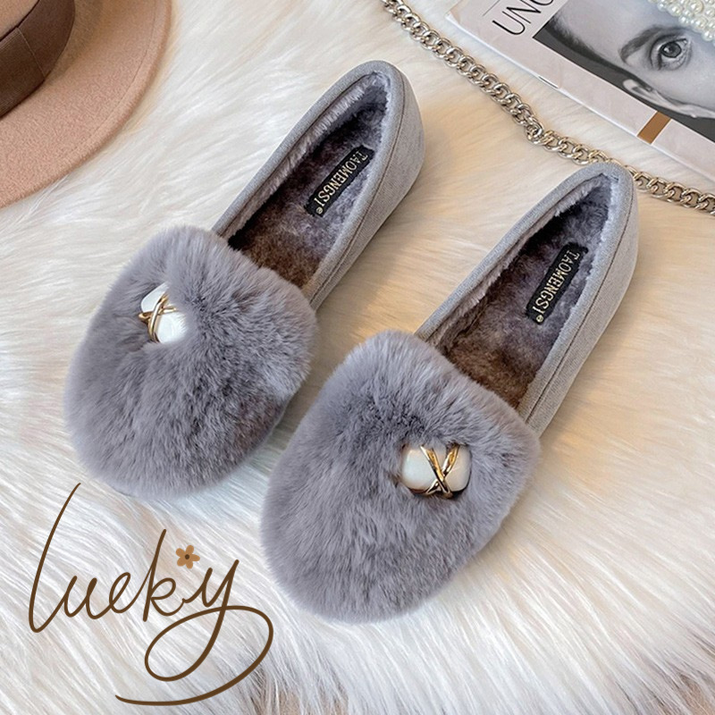 T2惠东易鑫达豆豆鞋女加绒棉鞋女款圆头大码外穿厚底保暖毛毛鞋