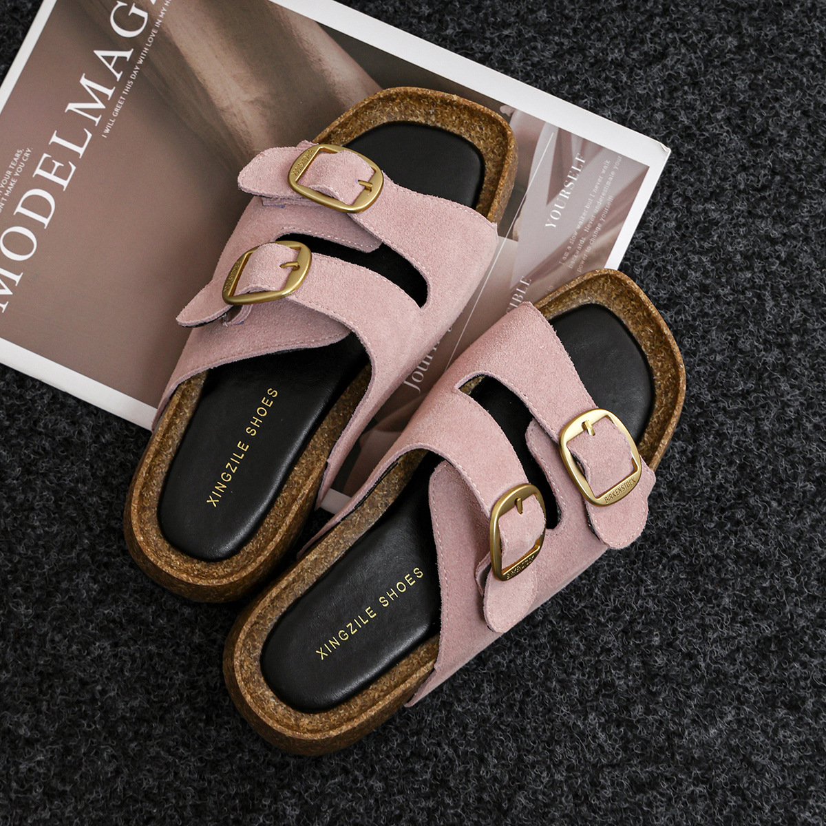 粉色勃肯拖鞋真皮厚底凉拖鞋夏新款外穿百搭拖鞋一脚蹬懒人博肯