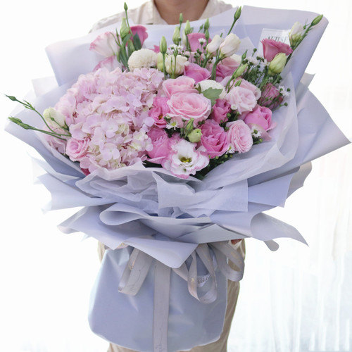 浙江横店花店绣球新款香槟玫瑰百合朋友生日韩式混搭花束同城速递